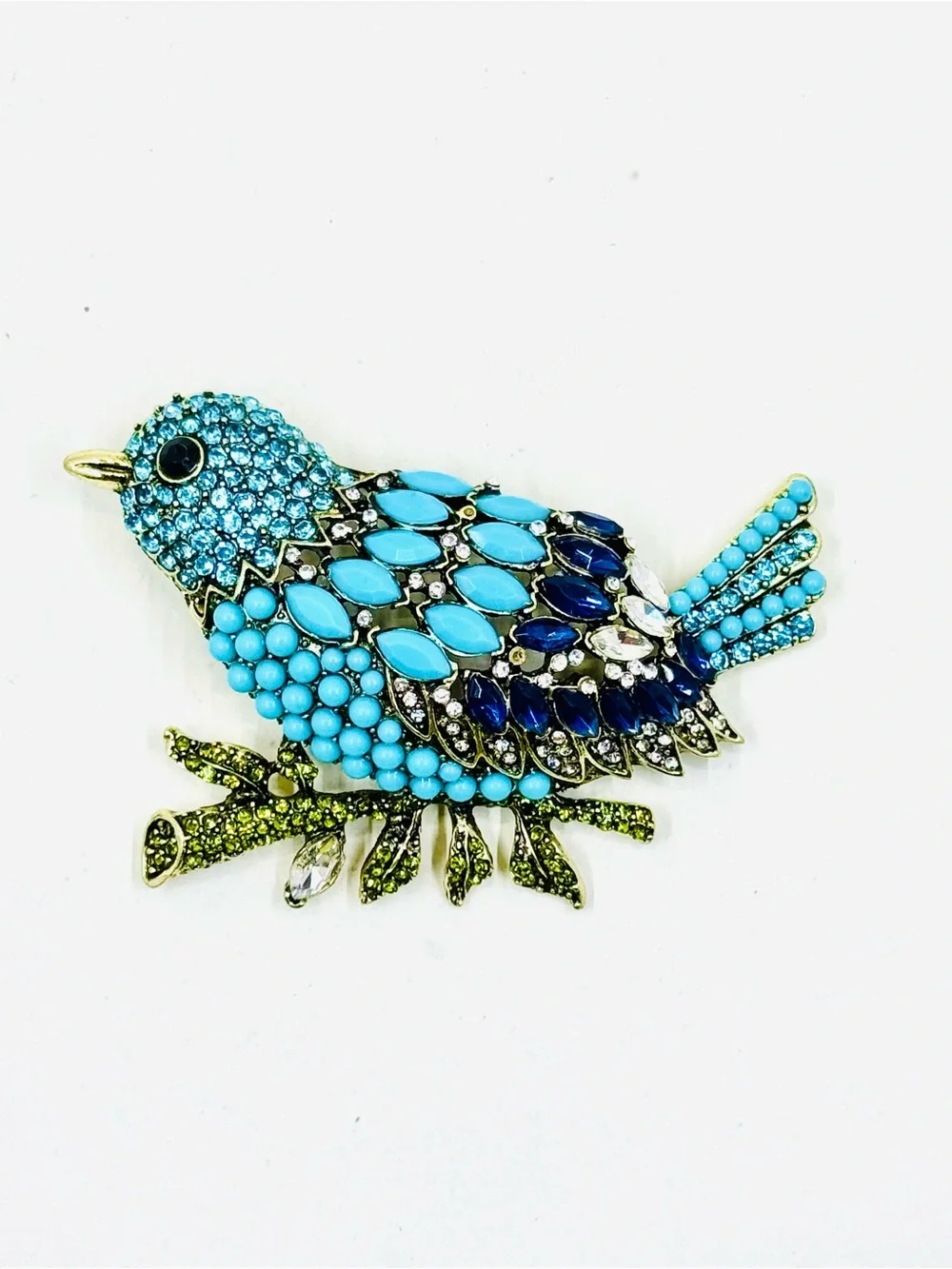Gold Tone Blue & Green Rhinestone Perched Bird Brooch Large 4” X 3”